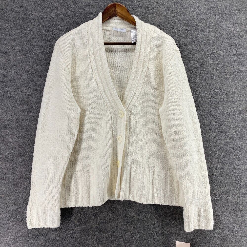 New Villager Cardigan Women 1 White Knit V-Neck Long Sleeve Button Up Casual